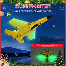 RC Airplane 2CH RC Plane Ready to Fly 2.4GHz Remote Control Plane SU35 RC Jet Easy to Fly Airplane Toys for Boys Gift for Kids Beginners with Night Lights USB Charging（Yellow