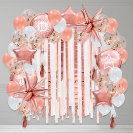 Cheerland 56pcs 18th Birthday Balloons And Garland Set Rose Gold Tassel Garland Arch Kit with Backdrop For Girls Women 18 Years Anniversary Birthday Party Decorations Supplies