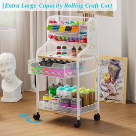 Rolling Craft Cart with Drawer, White Craft Organizer and Storage, Metal Storage Cart with Lockable Wheels, 6 Tiers Paint Organizer for Art Supplies, Store for Brushes Paints Artifacts Small Parts