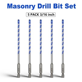 5 Pack 3/16 inch Concrete Drill Bit Set,Masonry Drill Bit Set with Hex Shank,Carbide Tip Drill Bits for Concrete, Tile,Brick, Plastic, Cement (3/16"（5 Pcs）)