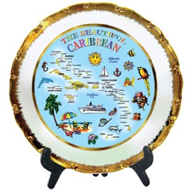 Rockin Gear Decorative Gold Rimmed Plate - Caribbean Blue Map Souvenir and Gift Kitchen Plate with Display Stand 8" Inch Ceramic - Best Caribbean Gift or Souvenir Collectible Idea (The Caribbean)
