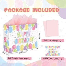 woric 14.5" Birthday Gift Bag, Happy Birthday Bag with Tissue Paper and Greeting Cards for Girls Birthday Party Baby Shower