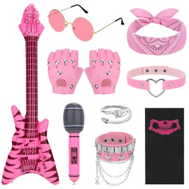 Dreamtop Punk Rockstar Fancy Dress Kids Girls Rockstar Costume Set Rock Star Accessories with Gloves Sunglasses Bandana Face Cover Bracelet Ring Inflatable Guitar Microphone