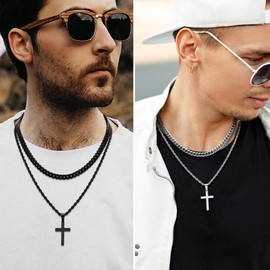 Romass 4Pcs Cross Necklace for Men,Stainless Steel Chains for Men Layered Necklaces Silver Gold Black Pendant Jewelry Box Gifts 18-24 Inches (4Pcs 16in/18in, Silver+Black)