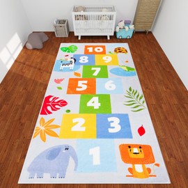 Animals hopscotch Rug,62.9X27.5 INCH hopscotch Kid Rugs for playroom,hop Scotch Inside Carpet for Kids,Soft hopscotch mat Kids Room Rug for Bedroom Playroom Nursery (Grey)