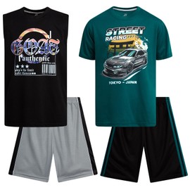 Pro Athlete Boys Short Sets - 4 Piece Performance Graphic Tees and Tank Tops with Matching Boys Athletic Shorts (Sizes: 8-16), Size 10/12, Teal/Black/Black/Grey
