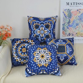 QUALKNOY Velvet Cushion Covers 45 x 45cm Pack of 4 Blue Yellow Modern Boho Mandala Floral Decorative Throw Pillow Covers 18"x18" for Sofa Living Room Outdoor Garden Home Decor Pillowcases