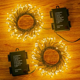 2Pack Fairy Lights Battery Operated, 10 FT 120LED Twinkle Firecracker String Lights with Timer, 8 Lighting Modes Warm White Cluster Lights for DIY Outdoor Wreath Wedding Decoration, Green Wire