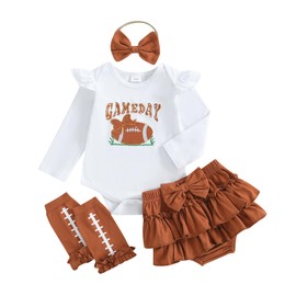 Baby Girl Football Outfit Newborn Onesie Ruffle Tutu Skirt Stocking Set Infant Rugby Romper Fall Winter Clothes (B Game Day Brown, 12-18 Months)