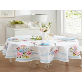 Newbridge Easy Care Fabric Oval Tablecloth, 60 x 84 Inch, Fall Cottage Rose, Wrinkle and Stain Resistant Blue and Pink Floral Table Cover for Indoor Outdoor Entertaining
