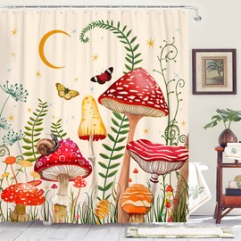 Zussun Mushroom Shower Curtain Set Beige and Red Floral Butterfly Waterproof Fabric Bathroom Shower Curtains Aesthetic Moon Flower Plant Bath Curtain Decor with Hooks (72'' × 72'', Beige)