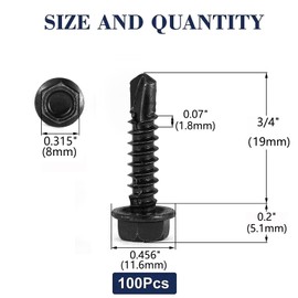 #12 x 3/4" Sheet Metal Screws 100PCS 410 Stainless Steel Hex Washer Head Tek Screws Fast Self Tapping Screws Black Oxide by SG TZH