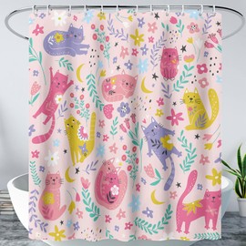 AILONEN Kawaii Cat Shower Curtain for Girls,Printed Pink Flower Cat Bath Curtain for Bathroom Decor,72" W*72" H Animal Theme Shower Curtains with 12 Hooks