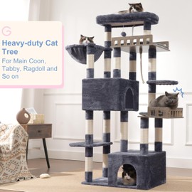 Gitelsnour Cat Tree, Heavy-Duty Cat Tower for Large Adult Cats, Main Coon Cat Tree Tower with Hammock, 2 Big Perches, 2 Cat Condos forIndoor Cats 20 lbs, 15 Scratching Posts, Smoky Gray GCT033G