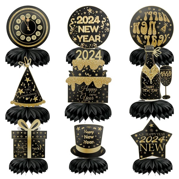 New Year Party Decorations 2024 Black Gold Honeycomb Centerpiece, Happy New Year Table Decoration, Honeycomb Ornament for New Year Party (Style B)