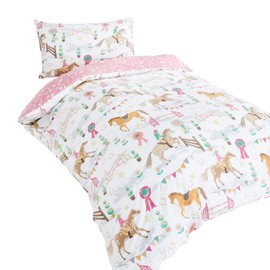 Childrens boys girls single bed duvet set horse show jockey horses bedding quilt cover set white daisy flowers pink racing horse