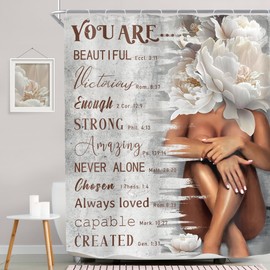 MESHELLY African American Bible Verse Shower Curtain 60Wx72H Vintage Retro Black Girl Floral Bathroom Curtain Christian Quotes Shower Curtain White Peony Black Women Bathroom Decor Fabric with 12 Hook