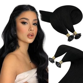 Sunny Hair Flat Tip Hair Extensions Human Hair Keratin Hair Extensions Invisible Fusion Hair Extensions Human Hair Real Hair Extensions for Women 50G/50S Black 14inch