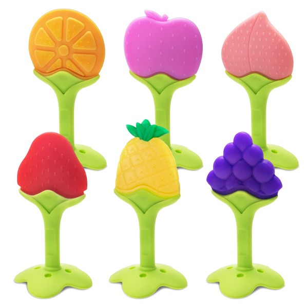 6 Pack Baby Teething Toys for Newborn Infant, BPA Free Freezer Safe Silicone Fruit Baby Teethers Soothe Babies Gums Set for Babies 0-6 Months 6-12 Months