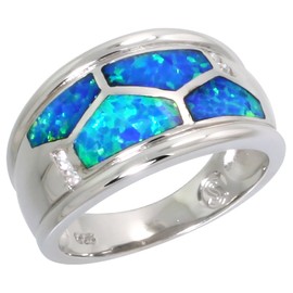 Sterling Silver Blue Synthetic Opal Cigar Band Ring for Women Tortoise Shell Pattern Inlay 7/16 inch Size 6