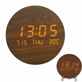 REDGO Digital Wall Clock Large Display of Time/Date/Temperatur Silent Non-Ticking Brightness Adjustment Wooden Design With Stand for Living Room Bedroom Kids Room Office School (Brown)