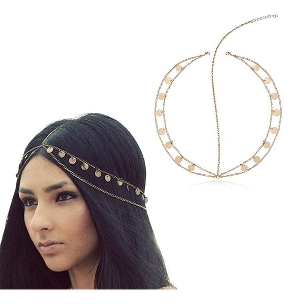 Zoestar Boho Head Chains Gold Sequins Tassel Headpiece Bridal Headband Festival Prom Hair Accessories for Women and Girls, Metal