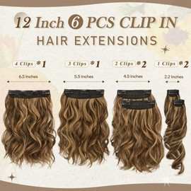 BARSDAR Short Wavy Clip in Hair Extensions - 12 Inch Highlight Hair Extensions Clip in for Women - 6PCs Thick Soft Synthetic Clip in Hairpieces Daily - Brown with Honey Blonde