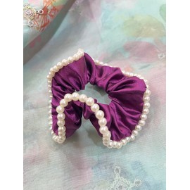 Elegant Satin Pearl Embedded Hair Scrunchies with Pearl Beads for Women – Pack of 2, Premium Satin Elastic Hair Bands for Stylish – Ideal for Weddings & Parties (Purple & Peach)