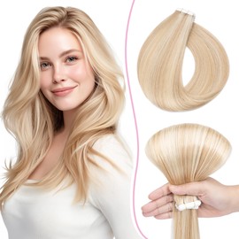SEGO Pro Tape in Hair Extensions Human Hair Thin Tape Extensions Straight Natural Look for Women, 14 Inch 10 Pcs 15g (Ash Blonde mix Bleach Blonde)