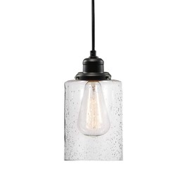 Globe Electric 60542 Annecy 1-Light Plug-In or Hardwire Pendant Light, Dark Bronze, Seeded Glass Shade, 15ft Black Fabric Cord, In-Line On/Off Switch