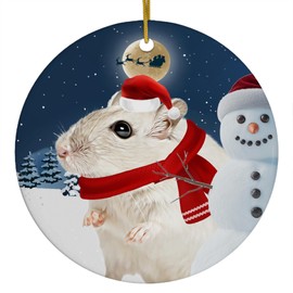 Festive Winter Night Pet and Snowman Ornament - White Hamster Christmas Ornament Circle Ceramic - Funny Holiday Xmas Tree Decoration Gifts for Hamster Lovers