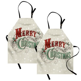 Ambesonne Christmas Apron Pack of 2, Xmas Stars and Snowflakes Backdrop Retro Lettering, Unisex Kitchen Bib with Adjustable Neck, 2 Pcs - Adult Size, Green Eggshell
