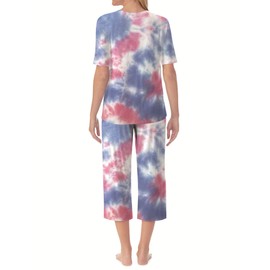 QCIV Womens Soft Pajamas Sets V Neck Top and Capri Pants with Pockets Sleepwear Set Two Piece PJS, Blue Tie Dye, 3X-Large
