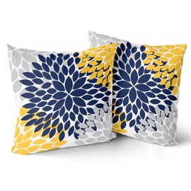 Navy Blue Yellow Pillow Covers 20x20 In Yellow Gray Dahlia Floral Geometric Pillow Cases Set of 2 Elegant Geometry Flower Throw Pillows Spring Summer Home Decor for Couch Room Bed Cushion Outdoor