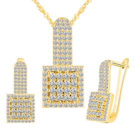 Yumilok Square Rectangular 925 Sterling Silver Pendant Necklace women Earring Jewelry Sets for Bride Bridesmaid Cubic Zirconia gold