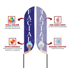 Facial Sign feather flag for Outdoor by Mavis Print | 11.5 FEET Long Polyester Outdoor Banner Flag for Easy Hang | HD Print Swooper I Flag Only for Salon Advertising | Made in USA I Flag Only