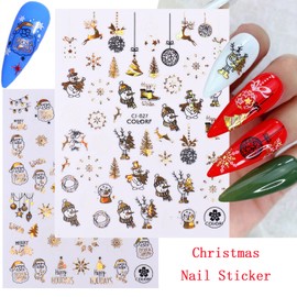 Christmas Nail Art Stickers, Holographic Laser Gold White Snowflake Nail Adhesive Sticker, Xmas Tree Snowflake Snowmen Elk Santa Claus Nail Art Decals for Women Girls Manicure Glitter Decoration