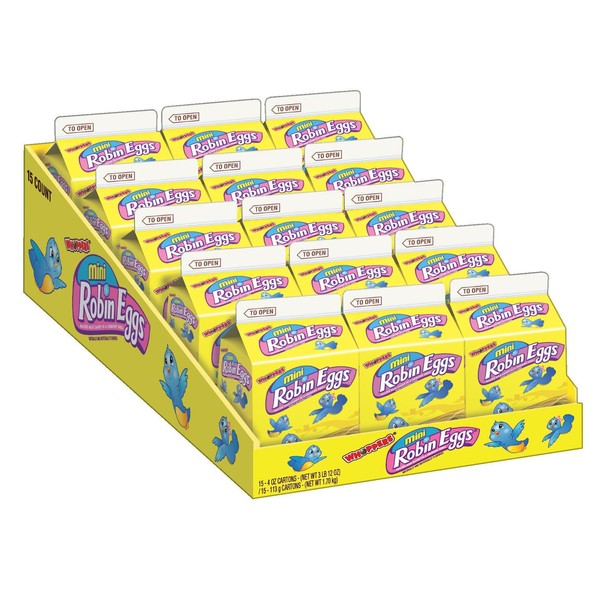 WHOPPERS Mini ROBIN EGGS Candy (Malted Milk Candy in a Crunchy Shell), 4 Ounce Carton (Pack of 15)