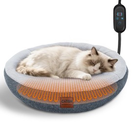 CATISM Heated Cat Bed Indoor - Self Warming Cats Beds, Heating Cat Beds for Indoor Kitten or Small Animals, Cozy Donut Heated Kitty Cave with Timer & Temp Adjustable, Heating Pad with Non-Slip Bottom