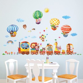 DECOWALL DA-1406 Animal Train and Hot Air Balloons Kids Wall Stickers Monkey Giraffe Flower Zoo Wall Decals Removable Nursery Bedroom Children's Play Room