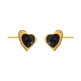 Vintage Black Onyx Heart S925 Sterling Silver Small Stud Earrings for Women Elegant Minimalist 14k Gold Plated Love Heart Shaped Studs Hypoallergenic Fashion Trendy Jewelry for Her, Small, Sterling