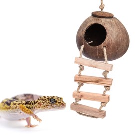 Joayuezo Gecko Coconut Husk Hut Bird Cage Hamster Cage Hanging Natural Coco Shell Hut Hide Toy Durable Cave Habitat for Gecko, Reptiles, Amphibians and Small Animals (S,Style A with Ladder)