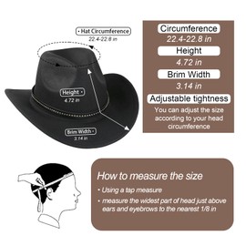 Cowboy Hat for Women and Men, Malleable Wide Brim-Felt Cowboy Hats, Wide Brim Chinlon Western Felt Outdoor Hats, Classic Roll Up Fedora Hats, Suitable for Both Men and Women, Black