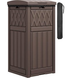 DWVO 36-Gallon Outdoor Trash Can with Fabric Bag, Tiered Lid & Drip Tray, Waterproof Resin Garbage Bin for Patio, Deck, and Backyard, Dark Brown