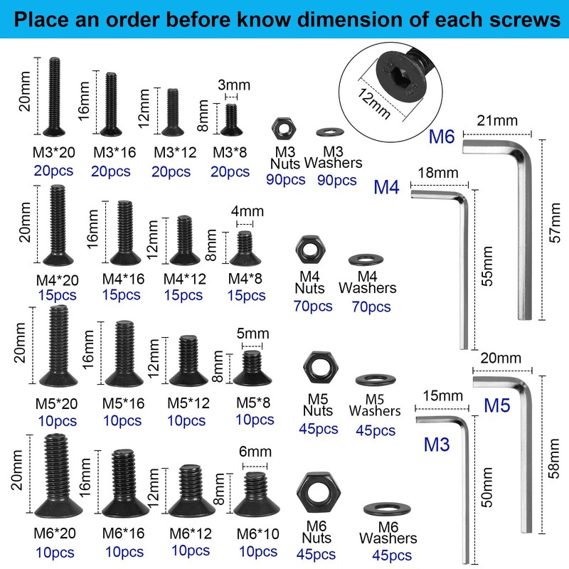 FandWay Pack of 720 M3 M4 M5 M6 Countersunk Bolts,