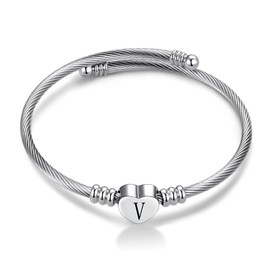 MiiFort Women's Initial Name Silver Cuff Bangle Letter V Bracelet Love Heart Stainless Steel Family Sister Daughter Granddaughter Birthday