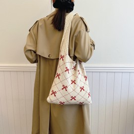 Umimss Bow Bag - Preppy Tote Bag, Red Bow Tote Bag, Y2k Bag, Knitted Crochet Tote Bag, Large Shoulder Bow Handbag Women, Cute Tote Bag, Aesthetic Tote Bag, Suitable For School Travel Work