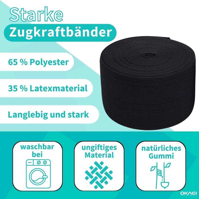 Gummiband 25 m 15 mm Wide in Black or White