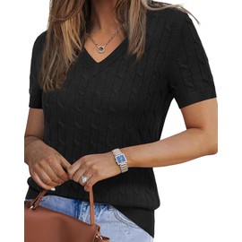 Arach&Cloz Sweater for Women 2025 Spring Fashion Clothes V Neck Short Sleeve Summer Cute Tops Dressy Business Casual Trendy Teacher Travel Outfits Cashmere Blouse Shirts Lightweight Black M