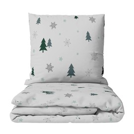 Leonado Vicenti Warm Winter Bed Linen Set Christmas Tree Green Grey Fleece Duvet Cover Pillowcase 2-Piece 135 x 200 cm